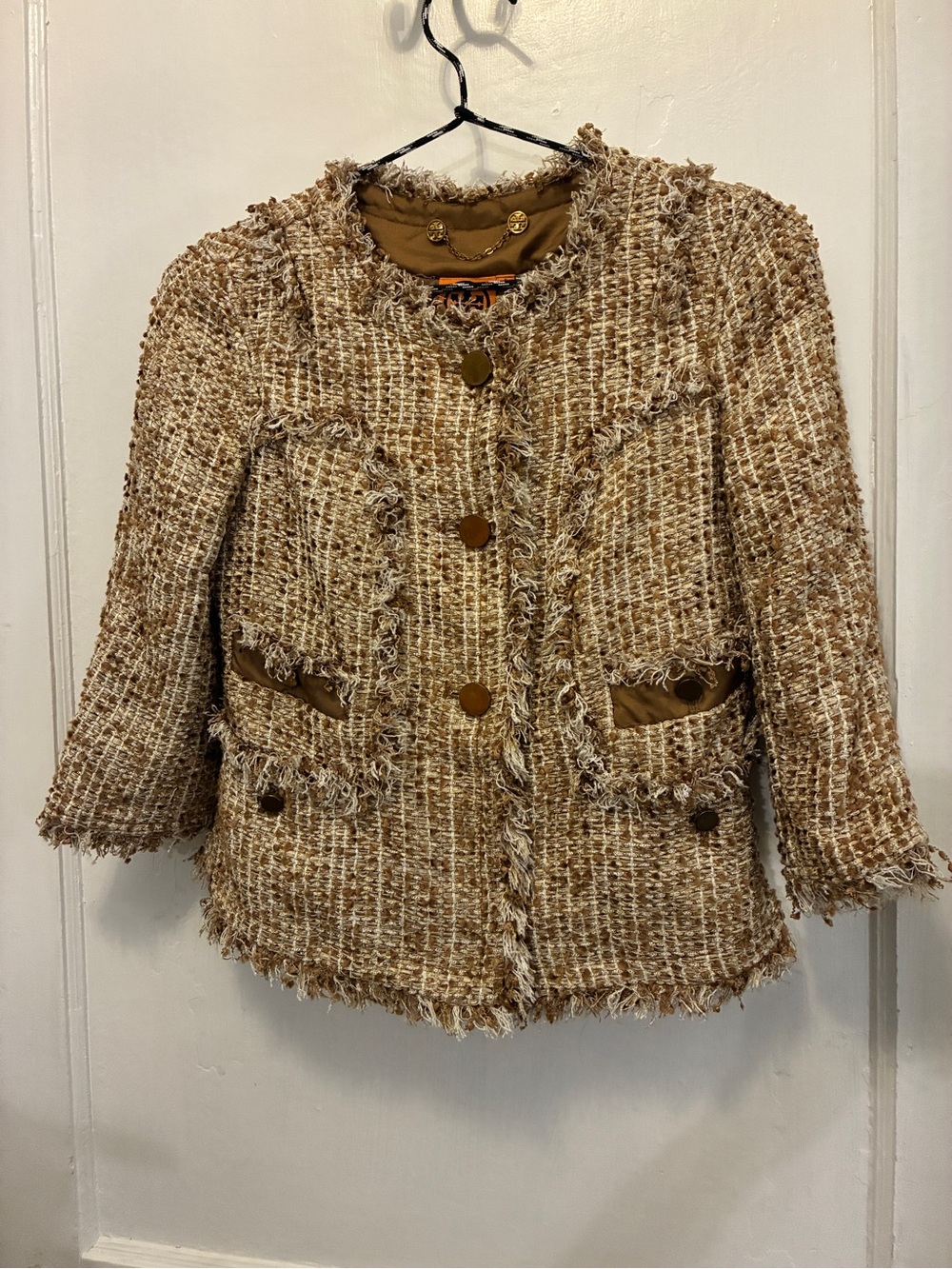 Tory Burch Camel Tweed Frayed-Trim Jacket